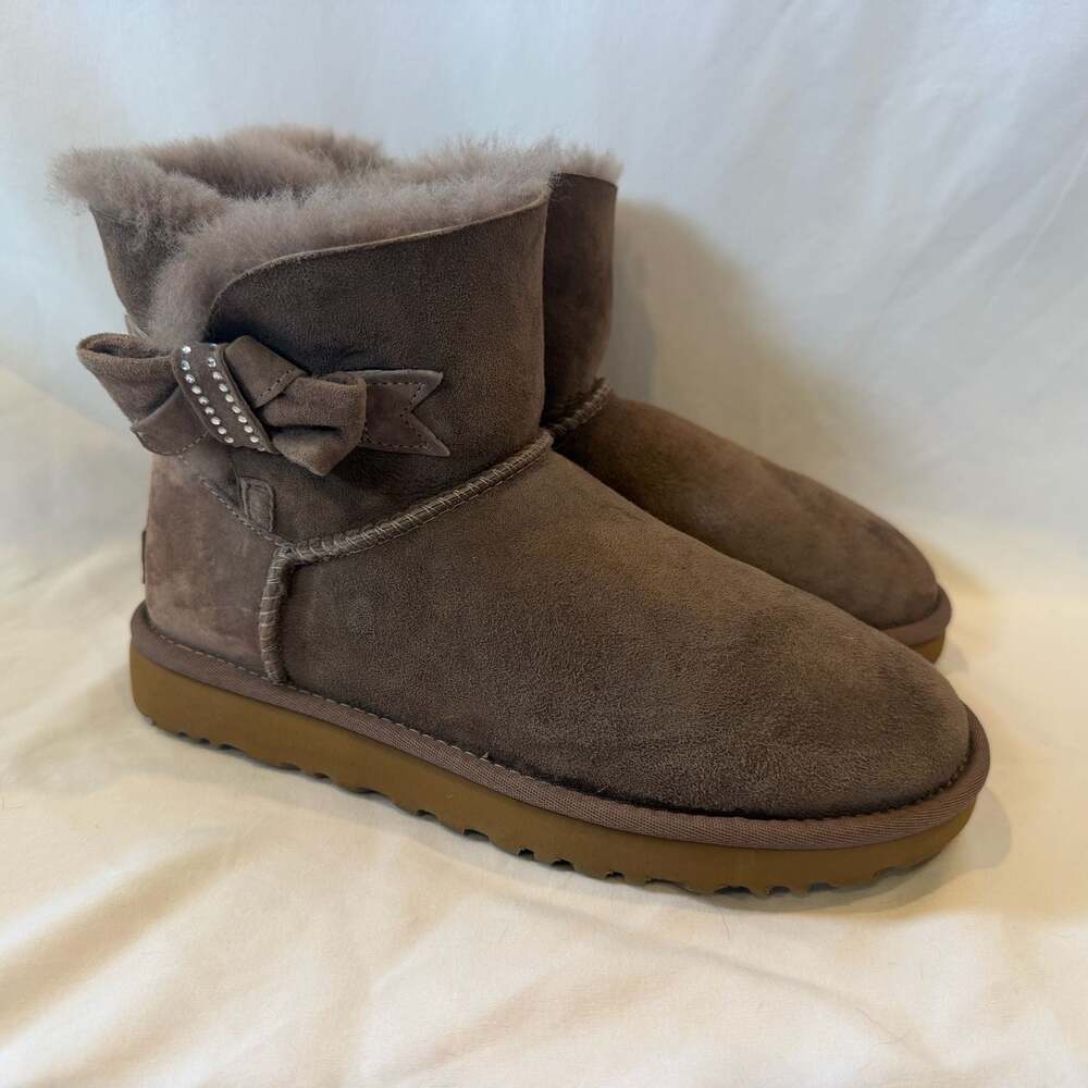 UGG Jackee Knot Sparkle Bow Suede Ankle Boots with Crystals